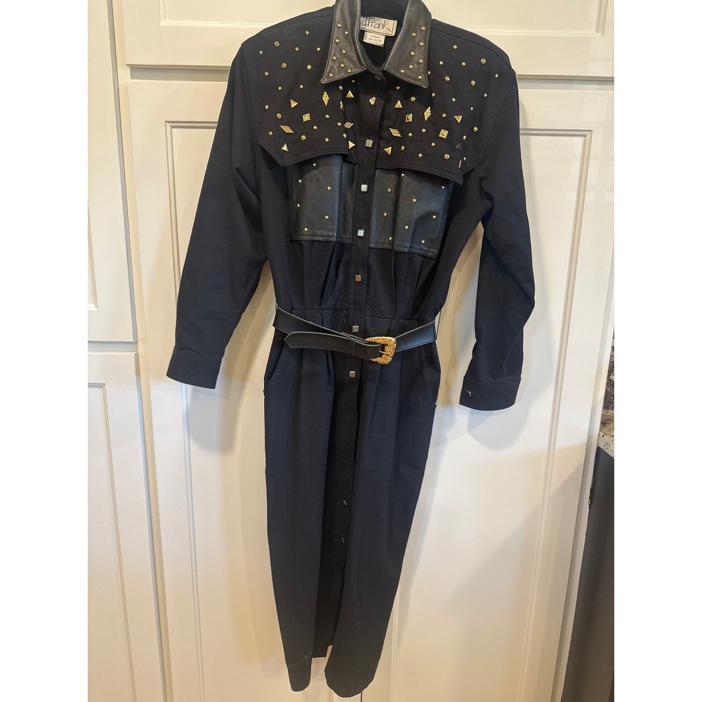 Vintage 80's d. Frank Black Studded Western Dress Leather Trim rodeo Size 8